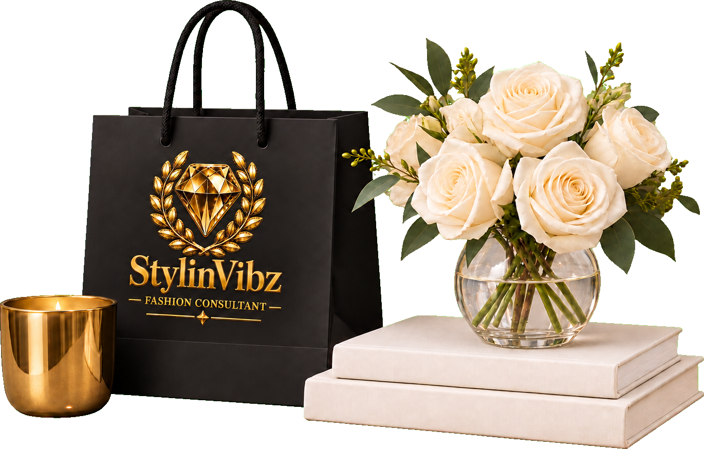 StylinVibz branded shopping bag with roses, candle, books and vase