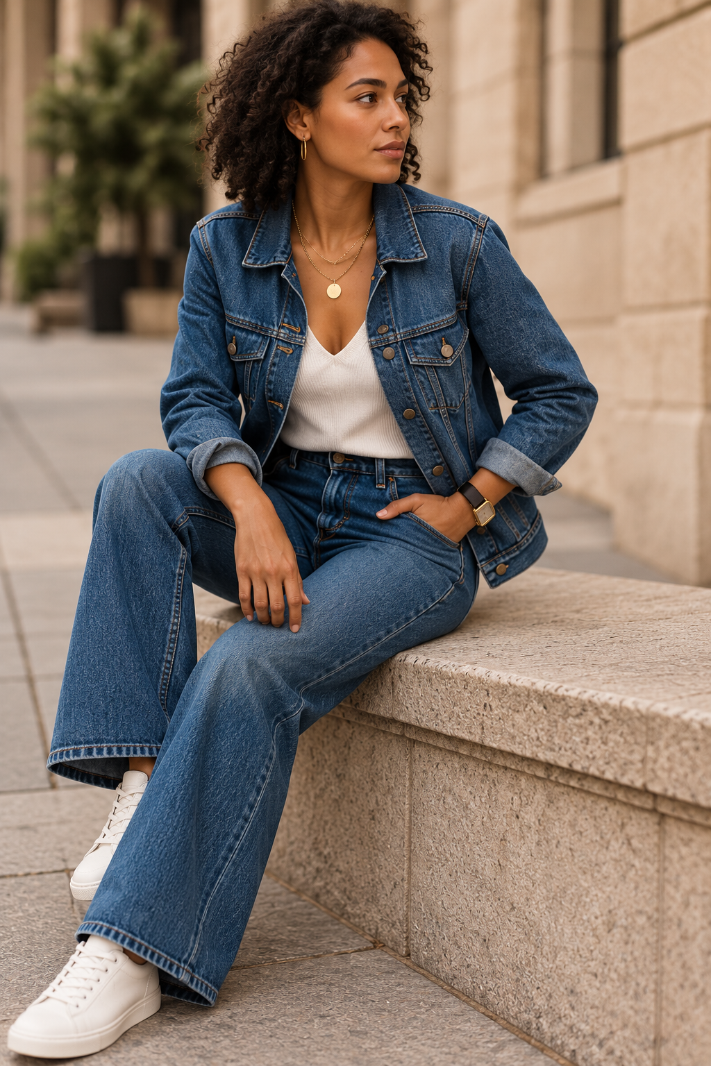 Woman in a softly tailored neutral outfit
